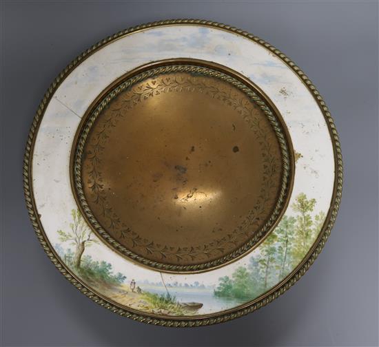 An Elkington gilt brass dish, with a Royal Worcester porcelain rim diameter 32.5cm (a.f.)